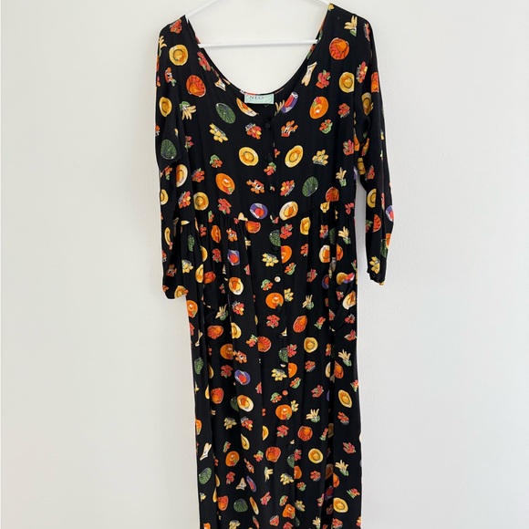 Vintage 90s Neo Romantic Hat Printed Scoop Neck Long Sleeve Maxi Dress  Medium